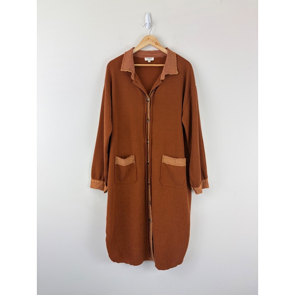 Umgee Rust Waffle Knit Duster Cardigan Longline Button Front Boho Sweater Large
